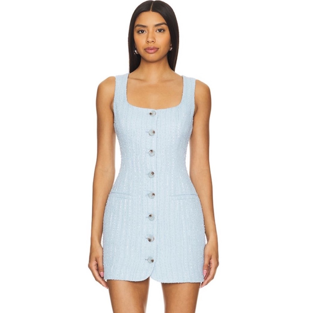 Line & Dot Light Blue Button-Front Mini Dress